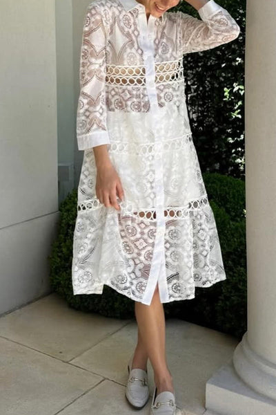 Solid Color Hollow Lace Lapel Button Long Shirt