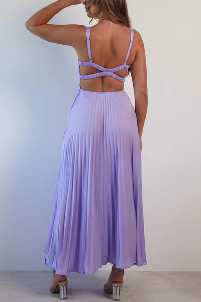Satin Solid Color Sexy V-Neck Pleated Maxi Dress