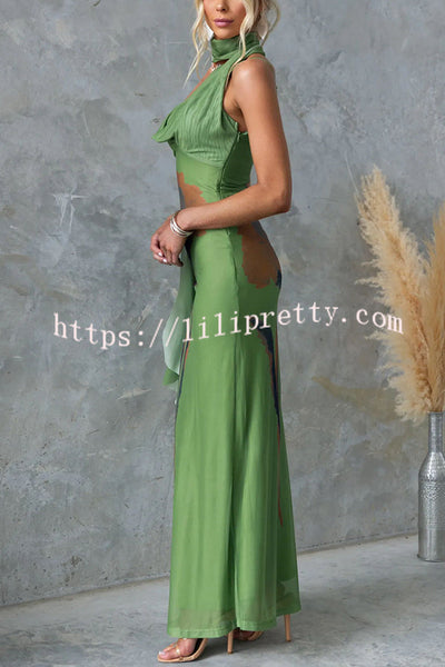 Larne Mesh Floral Print Wrap Style Neckline Stretch Maxi Dress