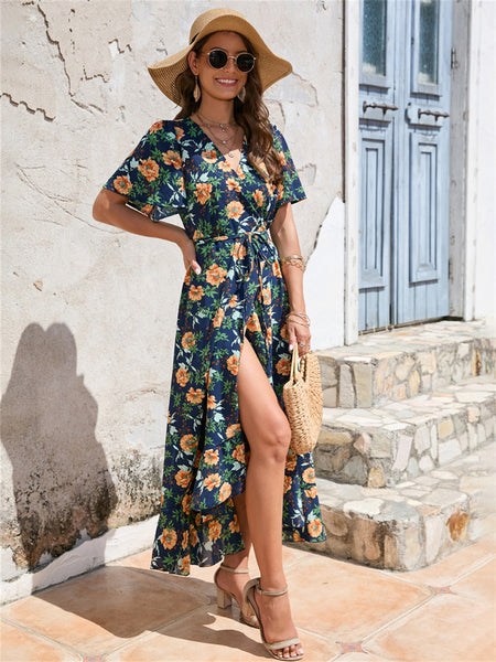 Ruffle Short Sleeve Strappy Dress Beach Resort Dress Navy S M L XL