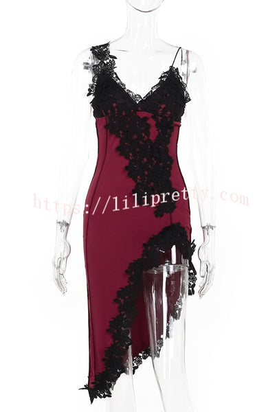 Sexy Lace Paneled Deep V Suspender Slim Midi Dress