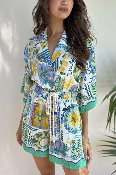 Holiday Style Unique Print Short-sleeved Casual Tie Rompers