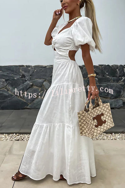 Solid Color Hollow Backless Puff Sleeve Maxi Dress
