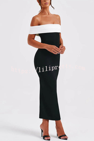 Bex Colorblock Pleated Bardot Neck Strapless Formal Stretch Midi Dress