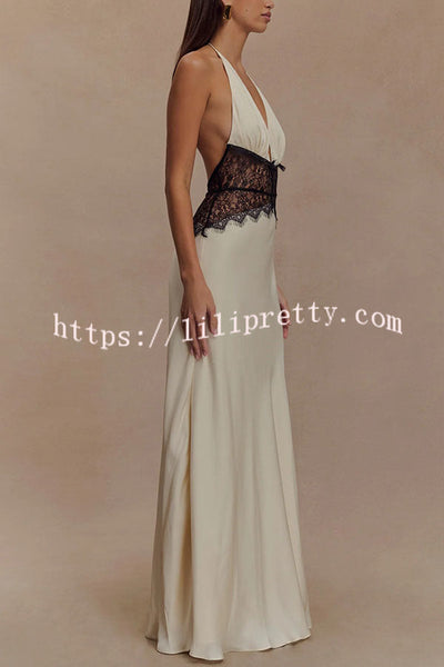Romantic Sexy Satin Lace Waist Halter Maxi Dress