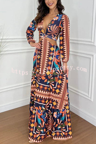 Alisa Unique Print Cutout Elastic Waist Tie-up Long Sleeve Maxi Dress