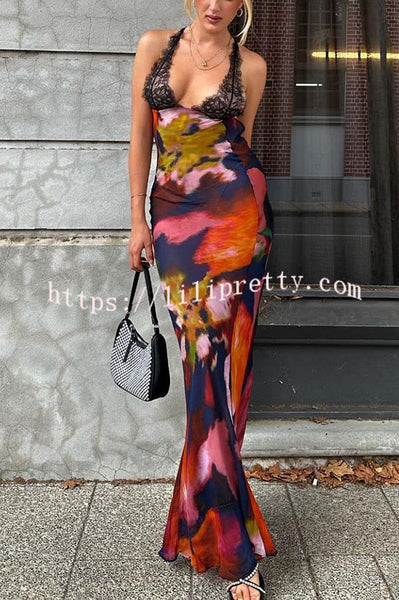 Rosalinda Abstract Floral Print Lace Patchwork Back Lace-up Maxi Dress