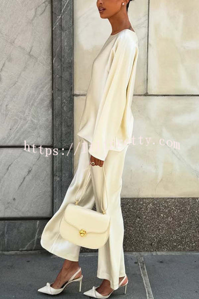 Silky and Elegant Satin Wide Neck Long Sleeve Loose Top and Elastic Waist Wide Leg Pants Set