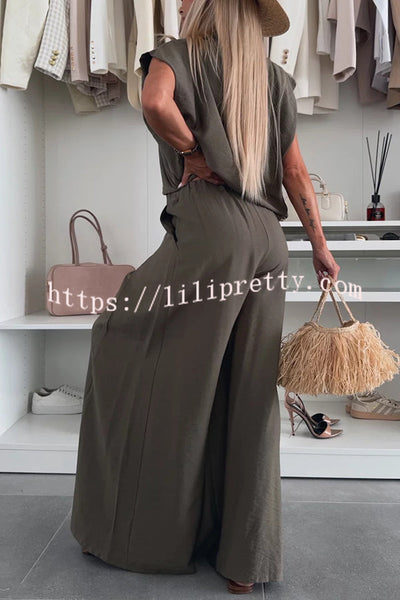 Santie Round Neck Cape Sleeve Loose Top and Elastic Waist Pocket Wide Leg Pants Set