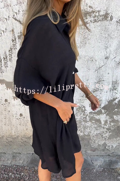 Solid Color Casual Lapel Long Shirt and Elastic Waist Loose Pocket Shorts Set