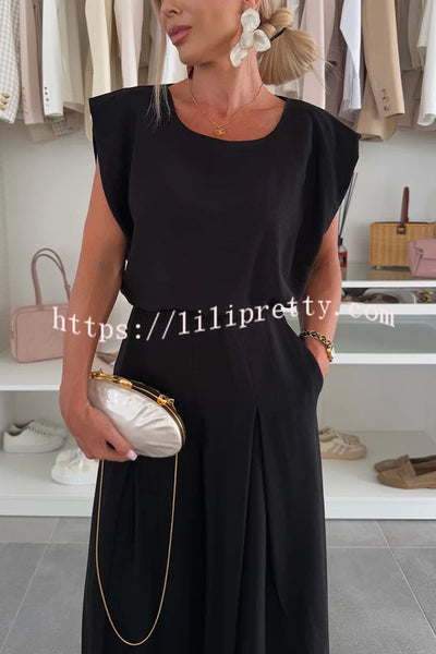 Santie Round Neck Cape Sleeve Loose Top and Elastic Waist Pocket Wide Leg Pants Set
