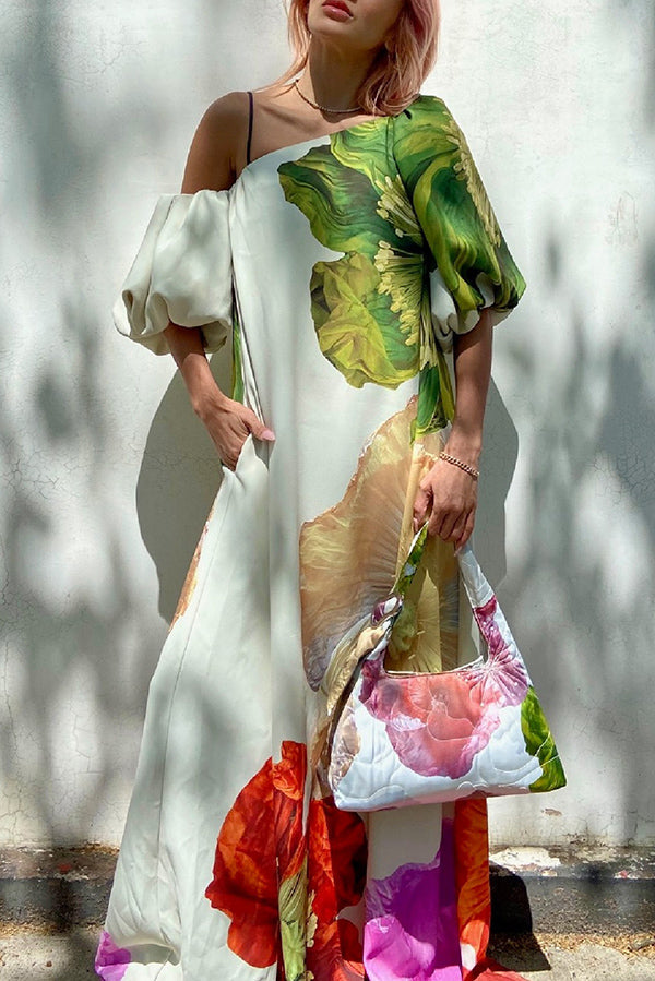 Floral Print Slant Collar Puff Sleeves Loose Holiday Maxi Dress