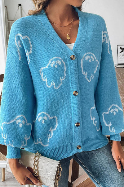 Halloween Ghost Pattern Casual Button-Down Knit Sweater