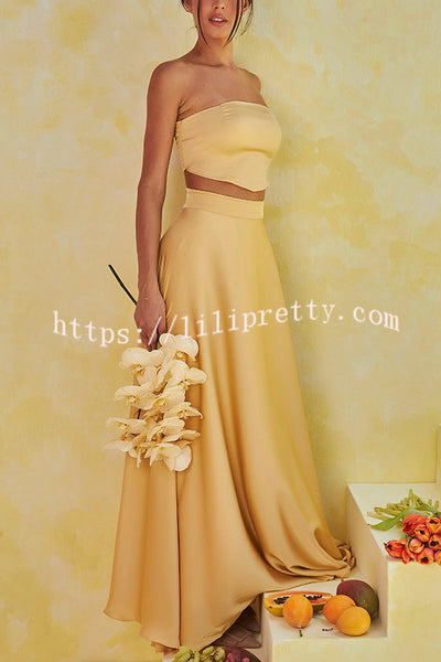 Harvest Love Satin Pleated Back Smocked Bandeau Top and Wrap Tie-up Maxi Skirt Set