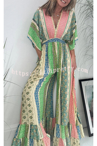 Lilipretty® Last Queen Retro Floral Flare Sleeve Pocketed Loose Wide Leg Jumpsuit