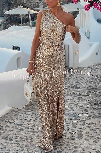 Santorini Night Sequin Fabric One Shoulder Slit Maxi Dress