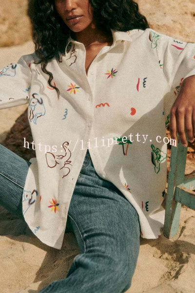Joyful Color Linen Blend Unique Print Button Long Sleeve Loose Blouse
