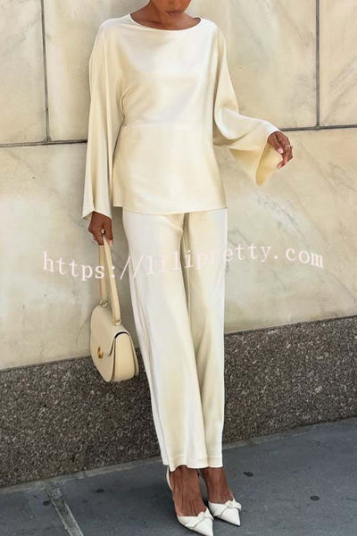 Silky and Elegant Satin Wide Neck Long Sleeve Loose Top and Elastic Waist Wide Leg Pants Set