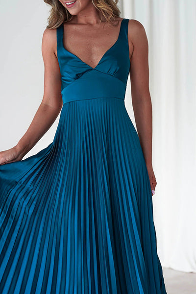 Satin Solid Color Sexy V-Neck Pleated Maxi Dress