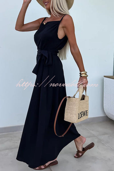 Long Story Solid Color Belted Pocket A-line Breathable Maxi Dress
