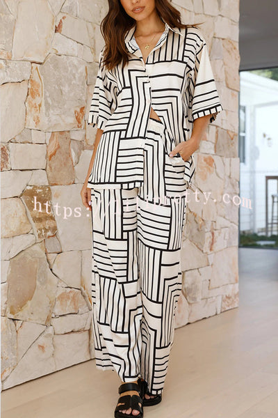 Freedom Forever Unique Print Short Sleeve Loose Shirt and Elastic Waist Pants Set