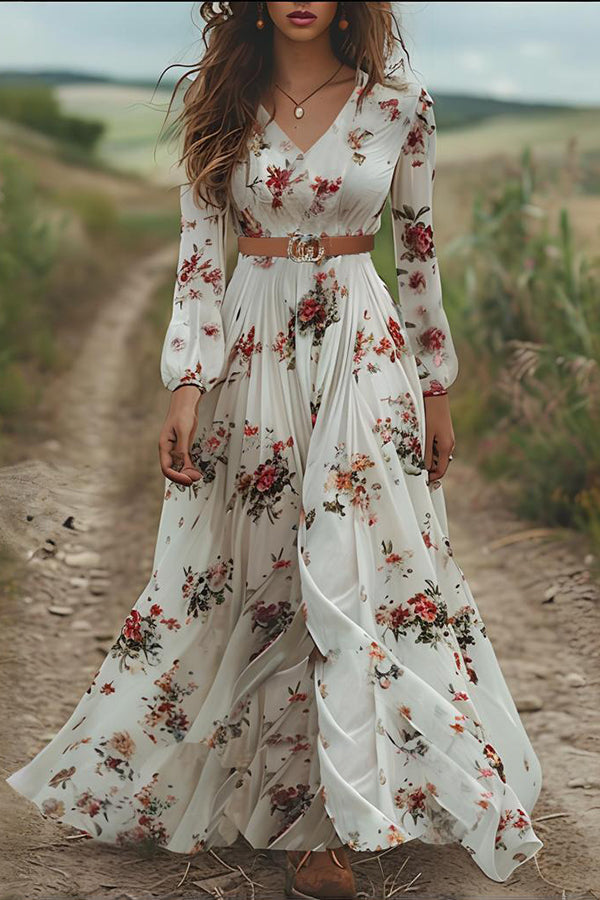 Floral Print V-neck Long Sleeve Waisted Elegant Maxi Dress