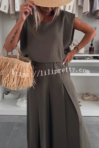 Santie Round Neck Cape Sleeve Loose Top and Elastic Waist Pocket Wide Leg Pants Set