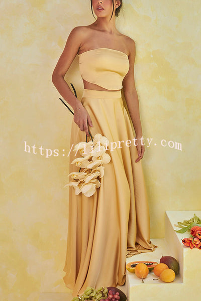Harvest Love Satin Pleated Back Smocked Bandeau Top and Wrap Tie-up Maxi Skirt Set