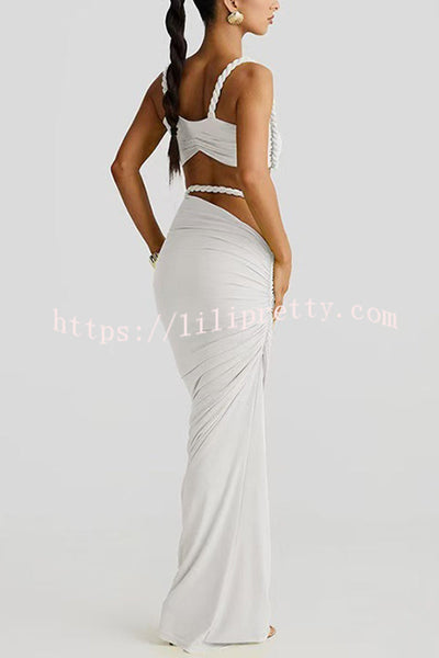 Sexy Halter Back Braided Suspender Top and Beach Holiday Style Hip-wrapped Maxi Skirt Set