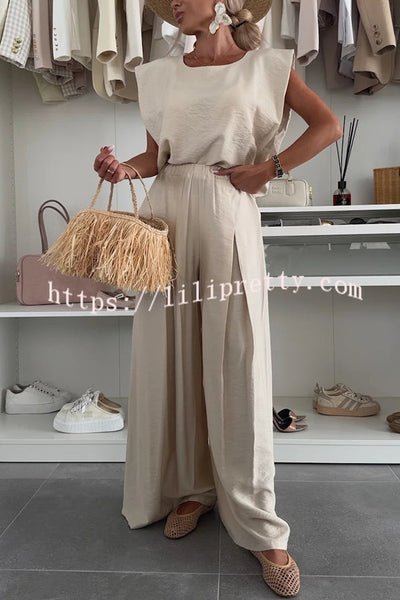 Santie Round Neck Cape Sleeve Loose Top and Elastic Waist Pocket Wide Leg Pants Set