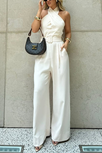 Solid Color Halterneck Sleeveless Waisted Casual Pocket Straight Jumpsuit