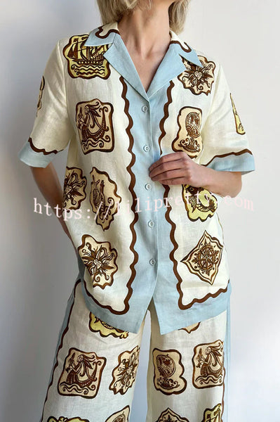 Lakeside Breeze Linen Blend Unique Print Short Sleeve Button Oversized Blouse