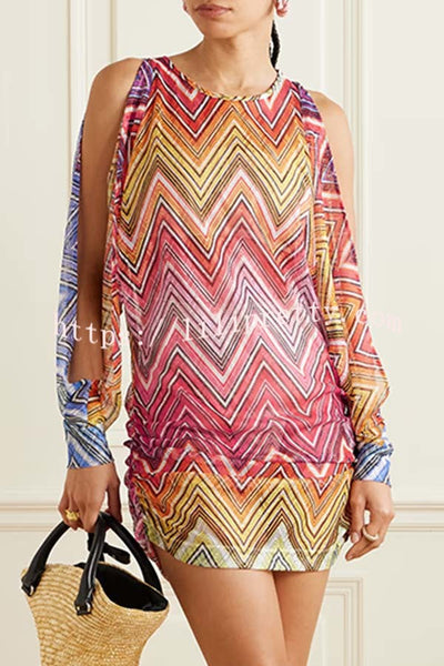 Ivanah Mesh Colorful Zigzag Pattern Long Slit Balloon Sleeve Ruched Mini Dress