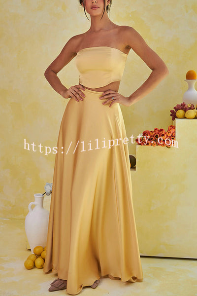 Harvest Love Satin Pleated Back Smocked Bandeau Top and Wrap Tie-up Maxi Skirt Set