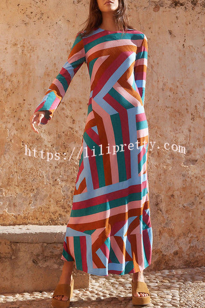 Smooth Lines Color Block Print Long Sleeve Bias Cut Loose Maxi Dress