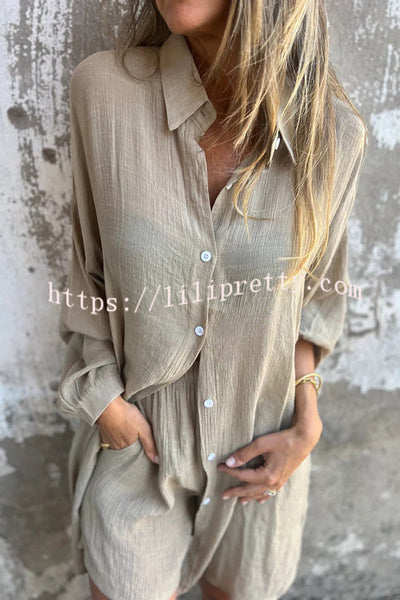 Solid Color Casual Lapel Long Shirt and Elastic Waist Loose Pocket Shorts Set