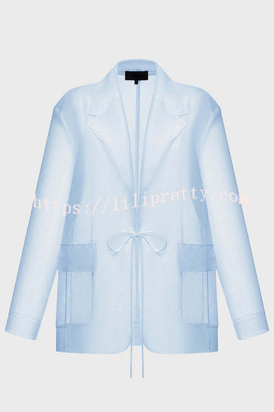 Simple and Light See-through Fabric Tie-up Long Sleeve Pocket Lapel Blazer