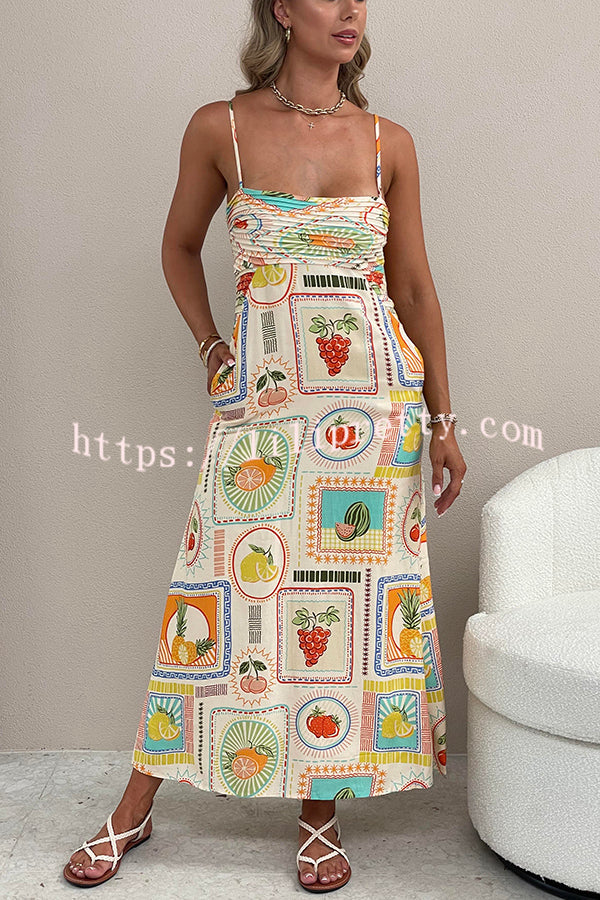 Love Is A Gamble Unique Print Pleated Bust Pocket Slip Maxi Dress