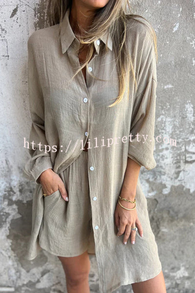 Solid Color Casual Lapel Long Shirt and Elastic Waist Loose Pocket Shorts Set