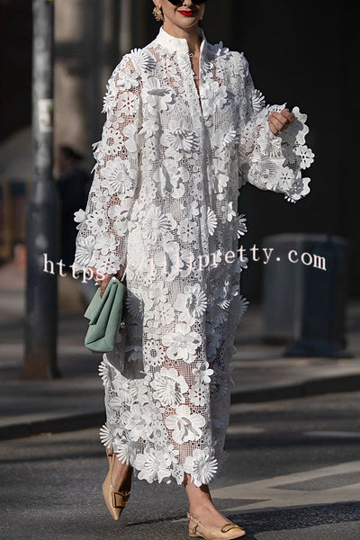 Solid Color Hollow Embroidery Loose Long Sleeve Midi Dress