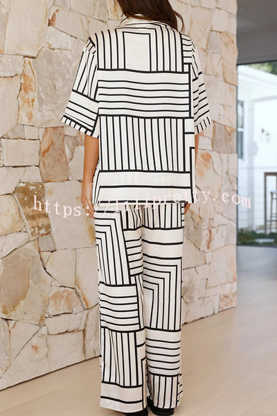 Freedom Forever Unique Print Short Sleeve Loose Shirt and Elastic Waist Pants Set