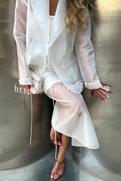 Simple and Light See-through Fabric Mid Rise Pencil Slit Midi Skirt