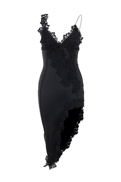 Sexy Lace Paneled Deep V Suspender Slim Midi Dress