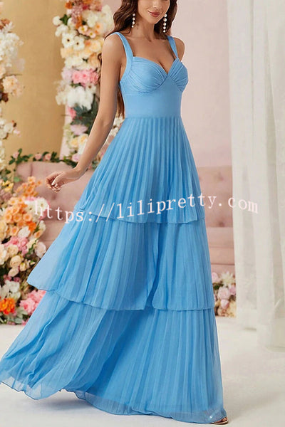 Solid Color Elegant Multi Layered Pleated Wide Shoulder Strap Maxi Dress