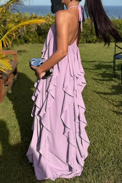 Solid Color Halter Neck Open Back Wavy Edge Maxi Dress