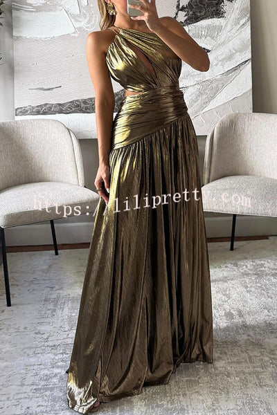 Shine Bright Metallic Fabric One Shoulder Cutout Back Lace-up Slit Maxi Dress
