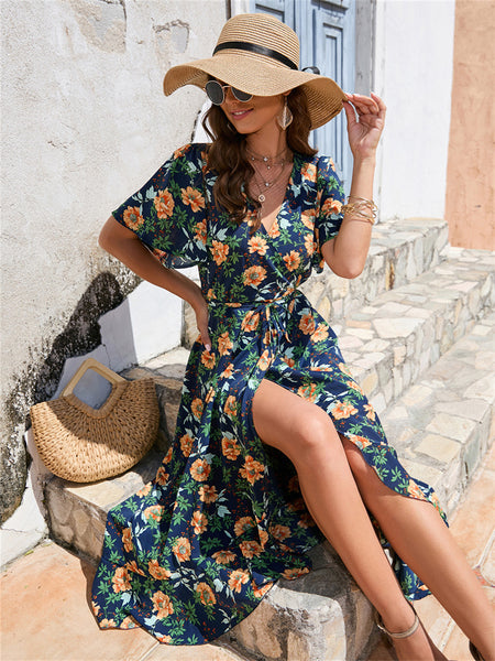 Ruffle Short Sleeve Strappy Dress Beach Resort Dress Navy S M L XL