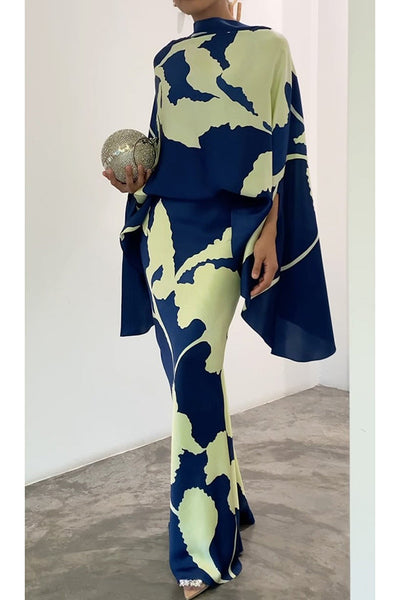 Matilda Satin Unique Print Drape Cape Sleeve Top and Elastic Waist Maxi Skirt Set