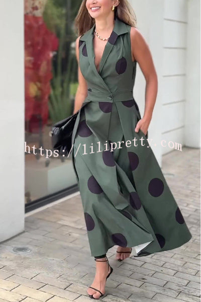 Polka Dot Print Shirt Pocketed Umbrella Maxi Dress