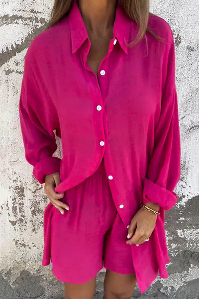 Solid Color Casual Lapel Long Shirt and Elastic Waist Loose Pocket Shorts Set